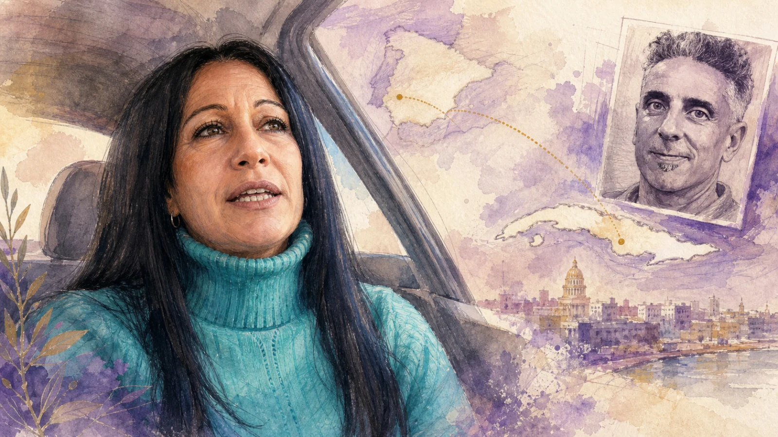 Ilustración en acuarela de María Martínez durante una entrevista desde un coche, junto a un mapa entre España y Cuba y un retrato secundario de Martiño Ramos