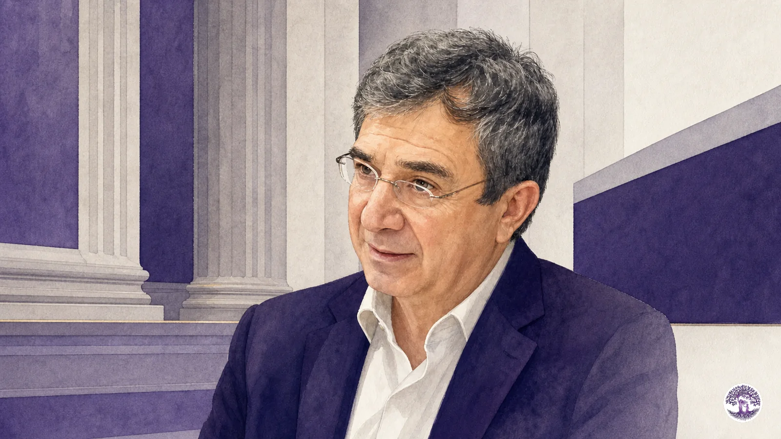 Retrato ilustrado del juez David Maman ante unas columnas judiciales sobrias en tonos violetas