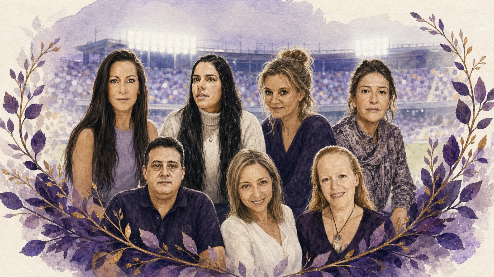 Ilustración en acuarela de las siete personas entrevistadas por Artículo 14 reunidas ante un estadio desenfocado y rodeadas por ramas violetas