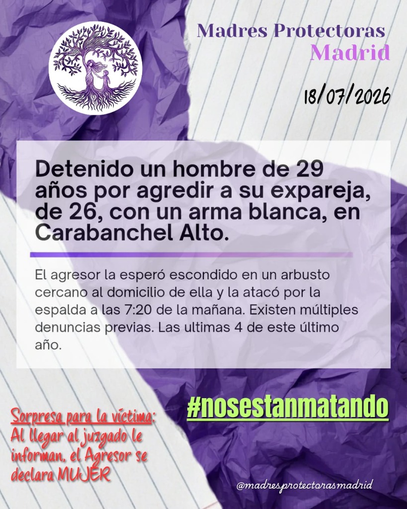 Placa informativa de Madres Protectoras Madrid con fondo morado sobre la detención de un hombre de 29 años por agredir a su expareja en Carabanchel Alto tras múltiples denuncias previas.