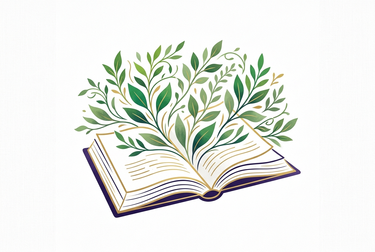 Ilustración de un libro abierto del que crecen abundantes hojas verdes, representando conocimiento y autodefensa.