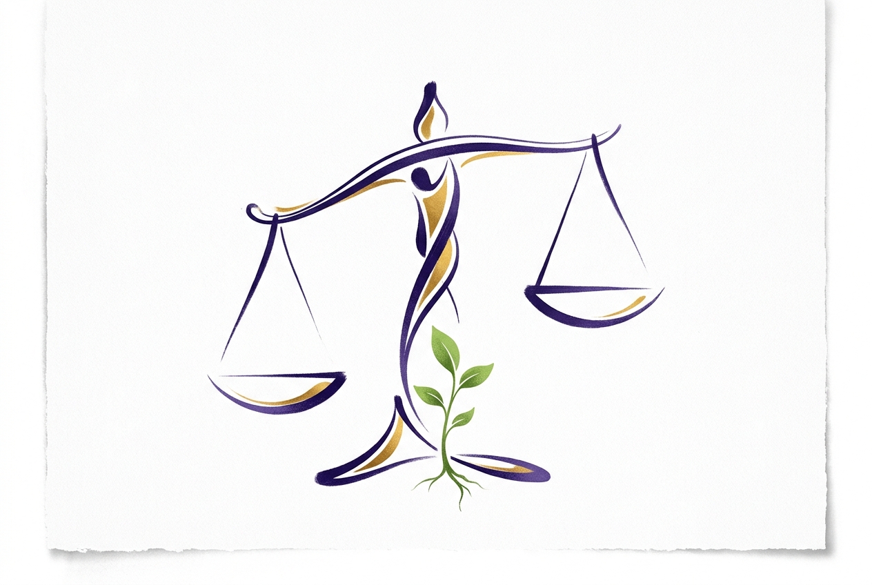 Ilustración de unas balanzas de la justicia acompañadas de hojas.
