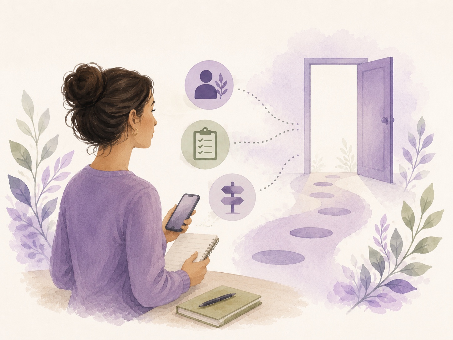 Ilustración de una madre sosteniendo cálidamente a su criatura en un entorno protegido.