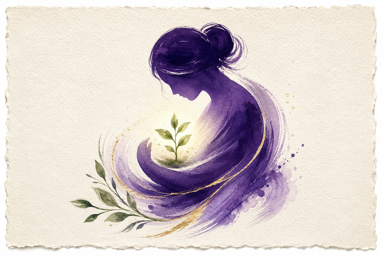 Ilustración en acuarela violeta y dorada de una silueta materna de perfil que sostiene y protege con las manos un pequeño brote verde luminoso.