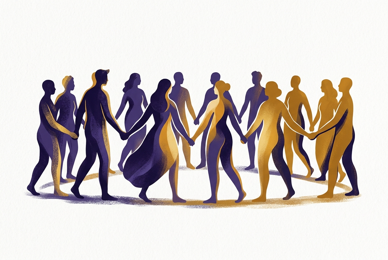 Ilustración de personas unidas en círculo tomándose de las manos, simbolizando apoyo mutuo.