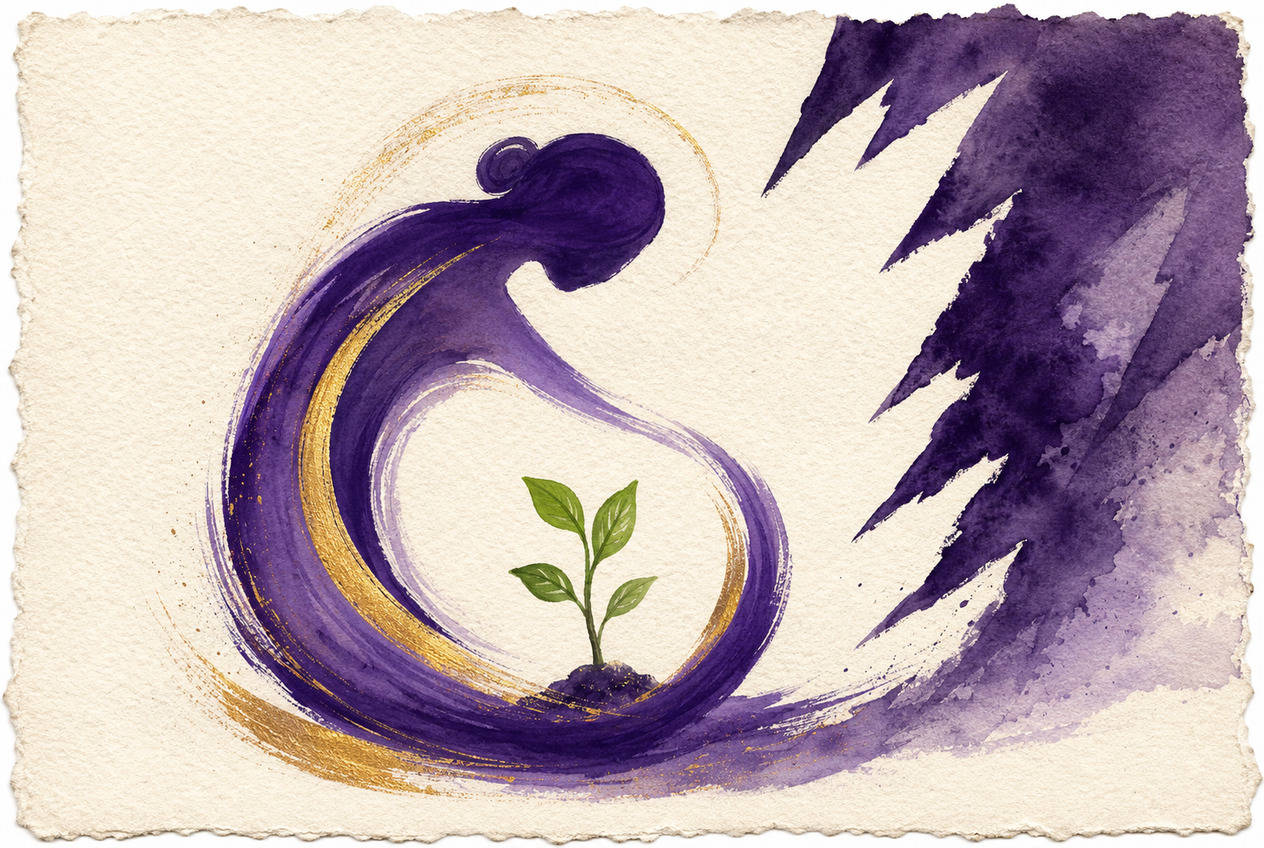Ilustración en acuarela violeta y dorada de una figura materna envolviendo y protegiendo un brote verde, mientras una sombra afilada violeta oscura amenaza desde un lateral.