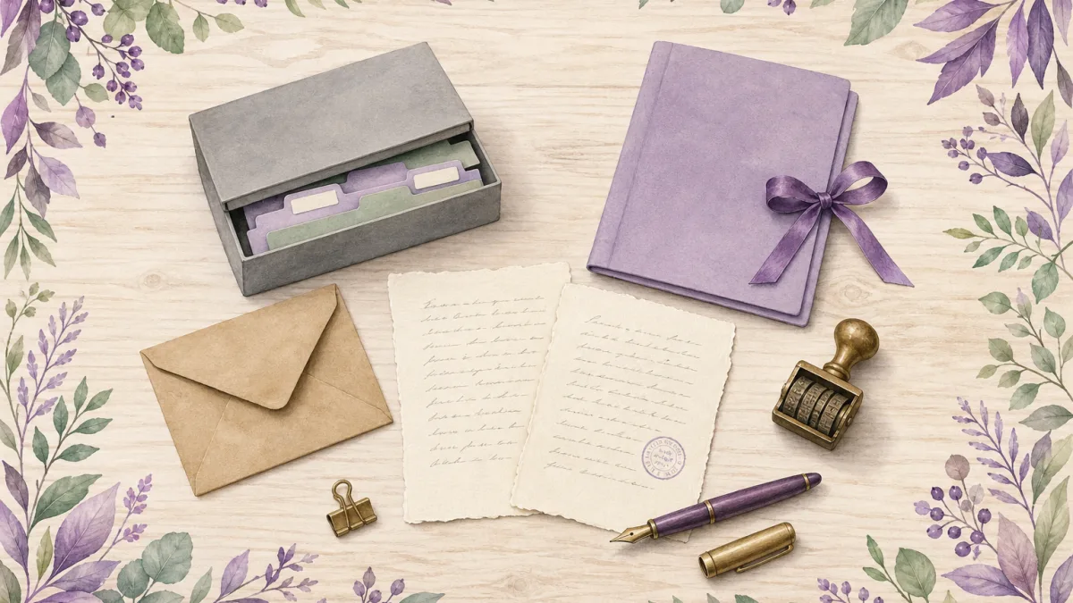 Acuarela cenital de una mesa de madera clara con dos hojas de papel crudo escritas a mano y marcadas con un sello, un sello de fecha de latón, una pluma estilográfica morada destapada, una caja de archivo gris entreabierta con separadores lilas y verdes, una carpeta lila atada con cinta morada, un sobre de papel kraft y un clip de latón, enmarcados por hojas y bayas moradas y verdes.