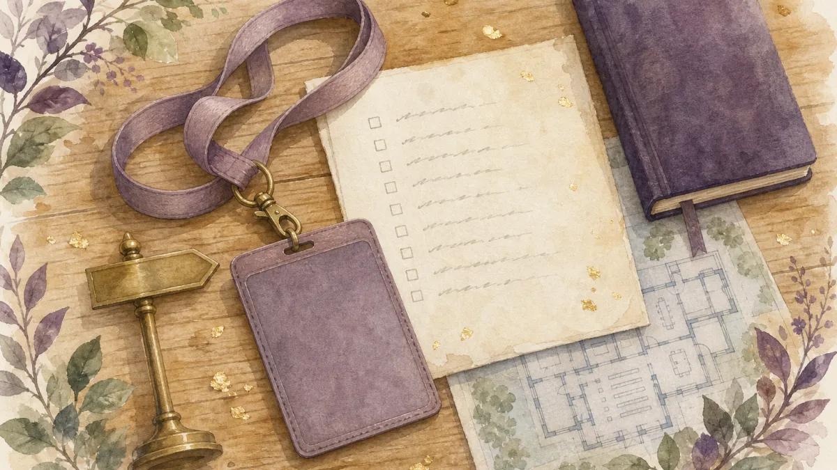 Acuarela cenital de una mesa de madera clara con un cordón malva del que cuelga una tarjeta identificativa morada en blanco, una hoja con un listado manuscrito de casillas, un cuaderno morado encuadernado, un pequeño poste indicador de latón y el plano azulado de un centro escolar, enmarcados por hojas moradas y verdes.