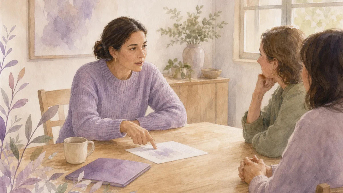 Acuarela de una mujer con jersey lila que señala con el dedo una hoja apoyada en una mesa de madera y la explica a otras dos mujeres sentadas enfrente, una de perfil y otra de espaldas, en una sala luminosa con una ventana al fondo.