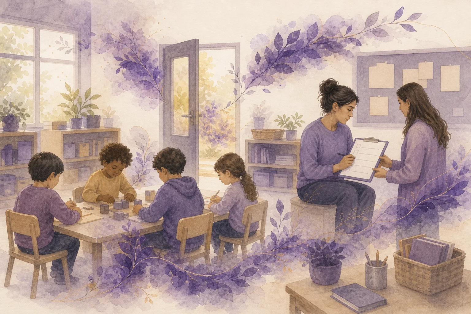 Acuarela de niñas y niños en un aula luminosa mientras dos profesionales coordinan un plan de protección.