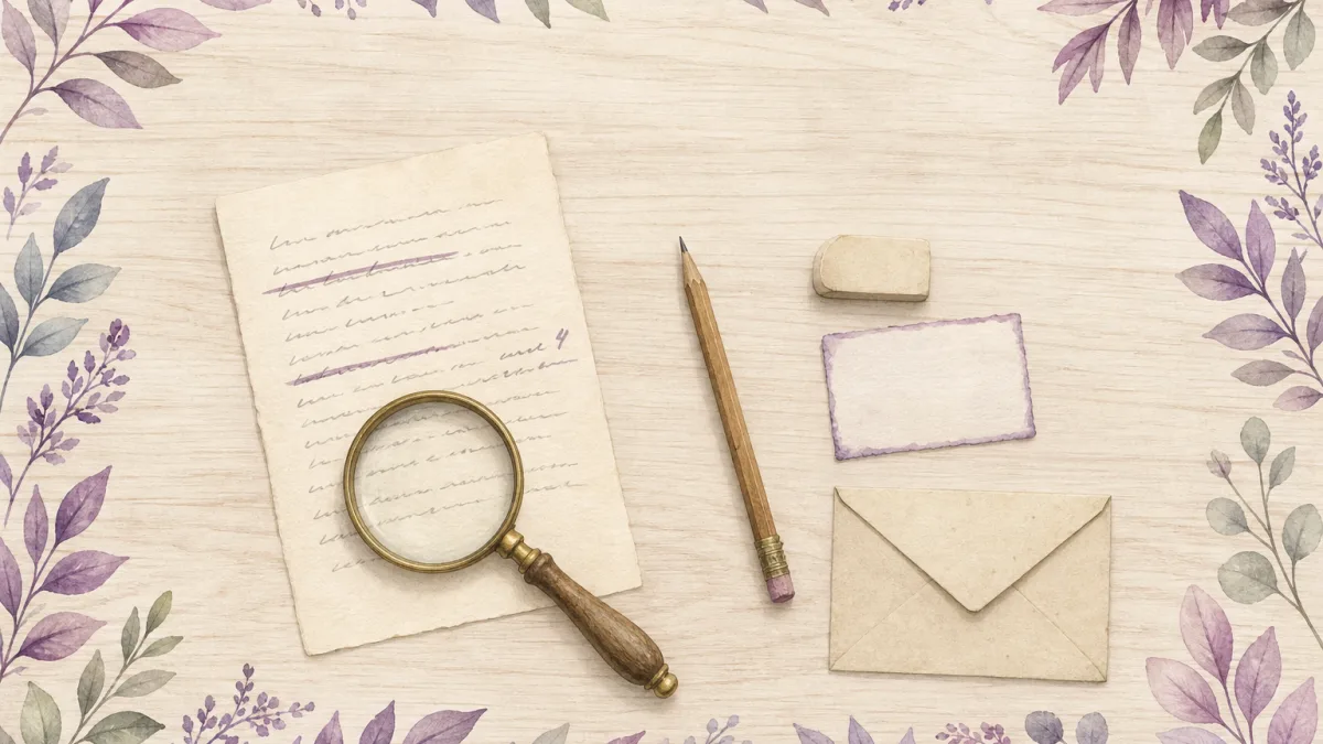 Acuarela cenital de una mesa de madera clara con una hoja manuscrita en la que dos renglones aparecen tachados en morado, una lupa de latón con mango de madera apoyada encima, un lápiz con la goma gastada, una goma de borrar, una ficha de borde morado y un sobre de papel crudo, enmarcados por hojas moradas y verdes.