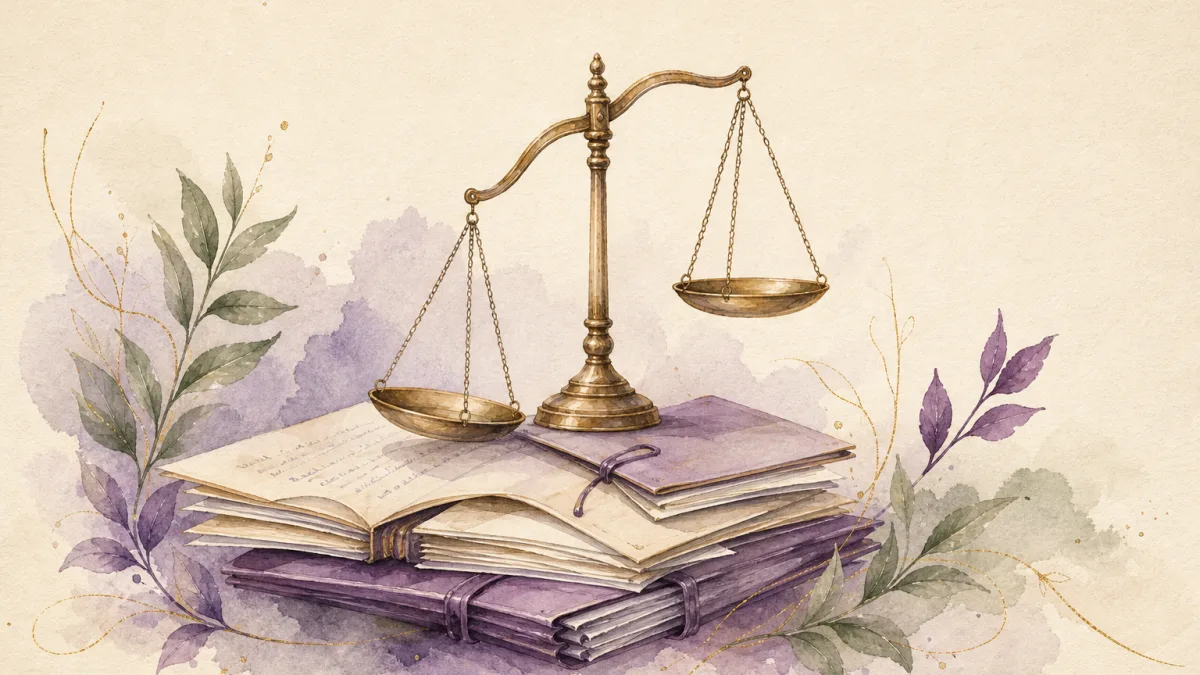 Ilustración en acuarela de una balanza de platos desiguales sobre expedientes abiertos, con hojas moradas y verdes alrededor.