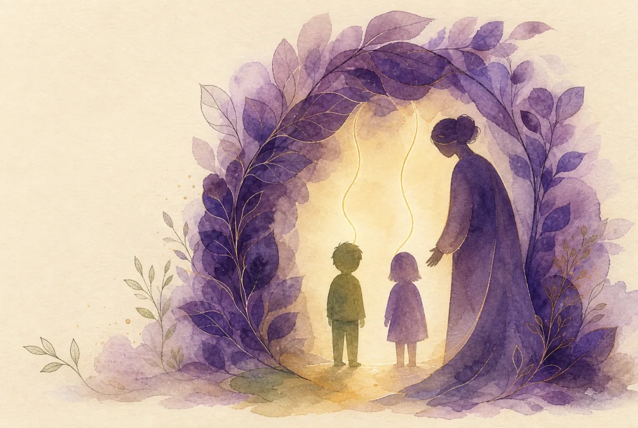 Acuarela violeta de dos criaturas con luz propia bajo un arco de hojas protectoras junto a una figura adulta.