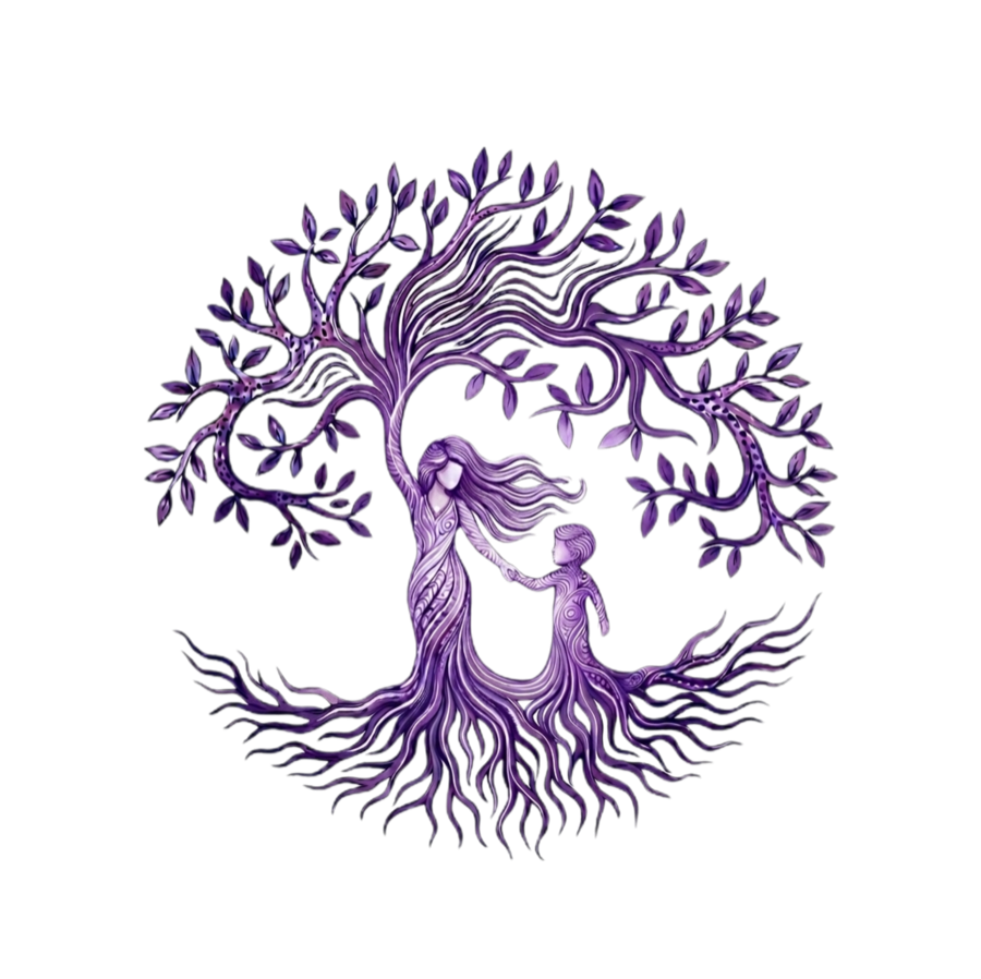 Emblema de Madres Protectoras Madrid: un árbol de la vida en acuarela violeta bajo cuyas ramas una madre y su hija se dan la mano, con las raíces envolviéndolas