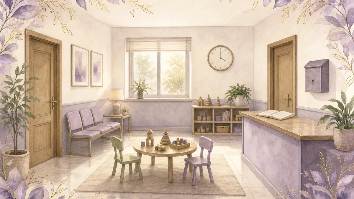 Acuarela de una sala de espera luminosa con dos puertas de madera en lados opuestos, una mesa infantil con juguetes, un mostrador con un libro de registro abierto, un buzón cerrado en la pared y un reloj.