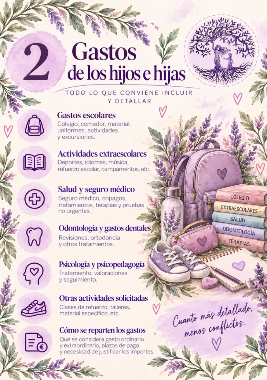 Lámina 2: Gastos de los hijos e hijas. Todo lo que conviene incluir y detallar. El texto completo está debajo.