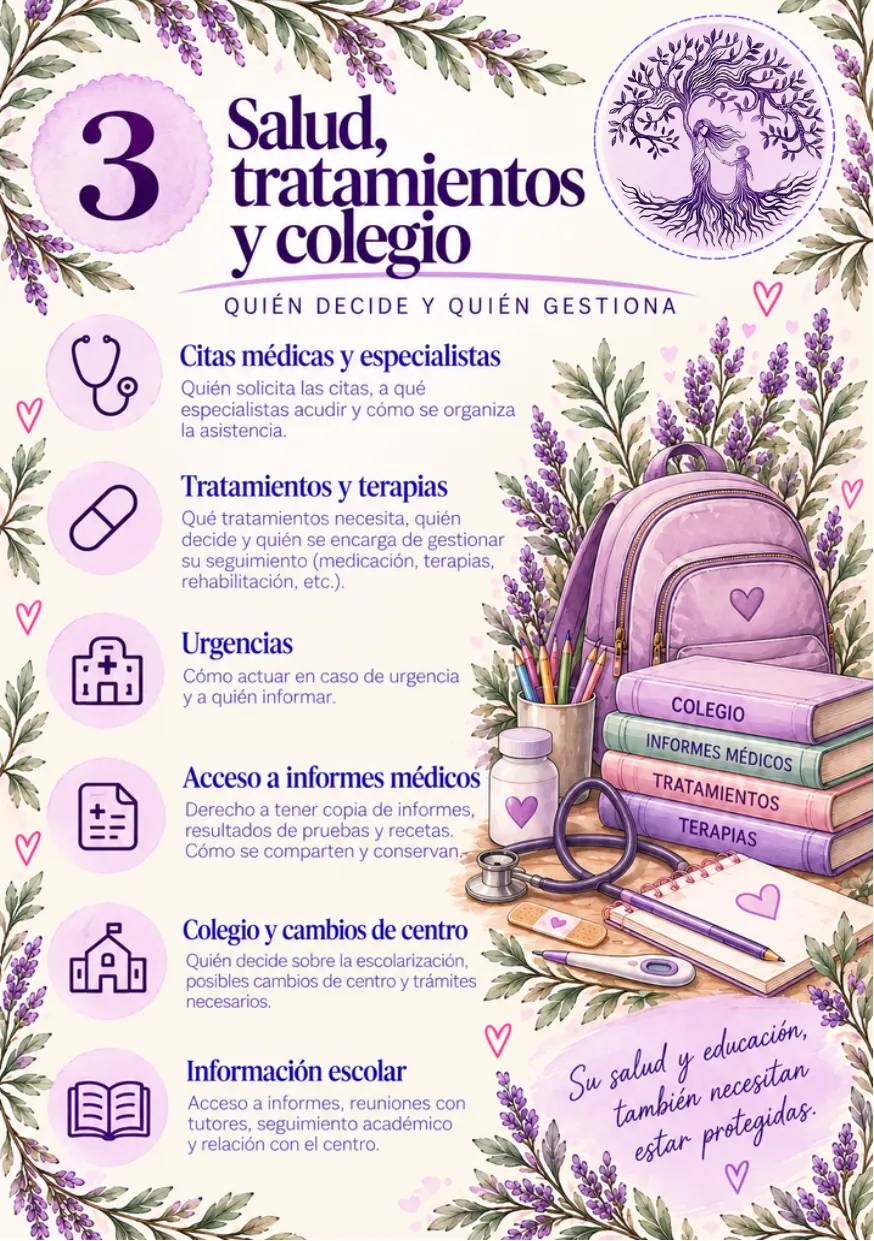 Lámina 3: Salud, tratamientos y colegio. Quién decide y quién gestiona. El texto completo está debajo.