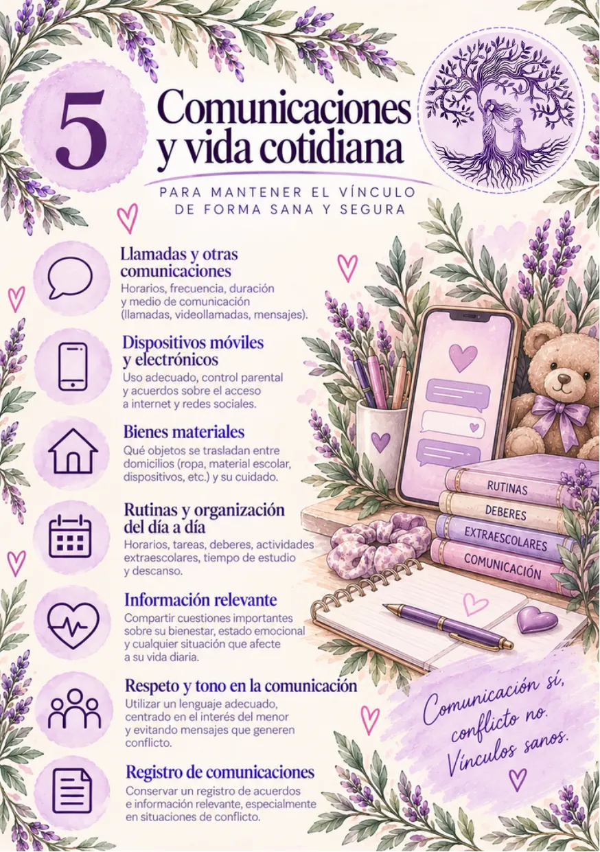 Lámina 5: Comunicaciones y vida cotidiana. Para mantener el vínculo de forma sana y segura. El texto completo está debajo.