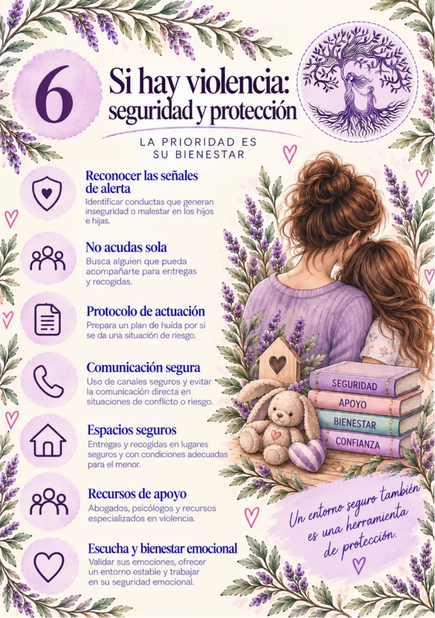 Lámina 6: Si hay violencia: seguridad y protección. La prioridad es su bienestar. El texto completo está debajo.