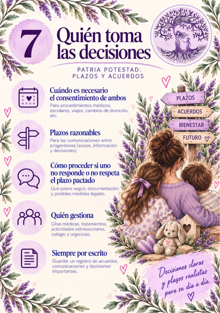 Lámina 7: Quién toma las decisiones. Patria potestad: plazos y acuerdos. El texto completo está debajo.