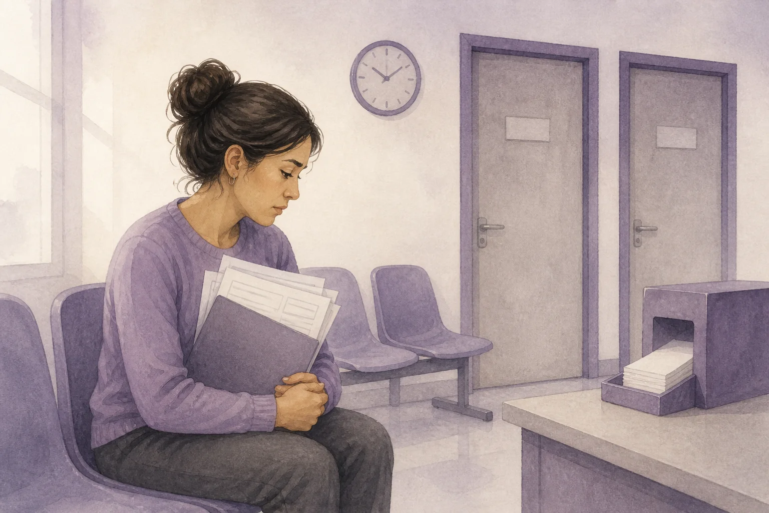 Acuarela de una mujer que espera con varios documentos en un pasillo institucional ante dos puertas cerradas.