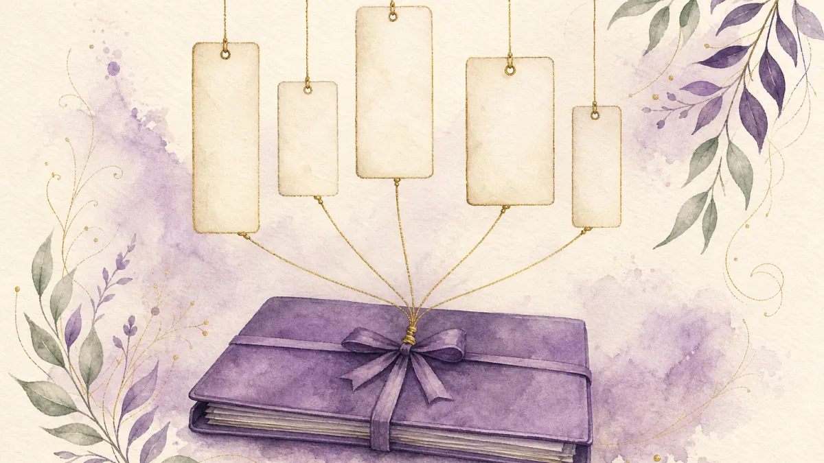 Acuarela de cinco etiquetas de papel en blanco colgadas con hilo dorado de un mismo expediente violeta cerrado.