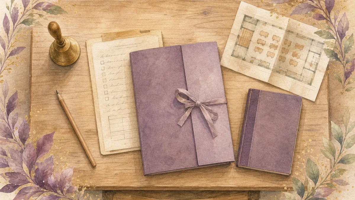 Acuarela cenital de un pupitre de madera clara con una carpeta malva atada con cinta, una hoja de registro manuscrita con casillas, un cuaderno morado, un lápiz, una campana de latón y el plano de un aula, enmarcados por hojas moradas y verdes.
